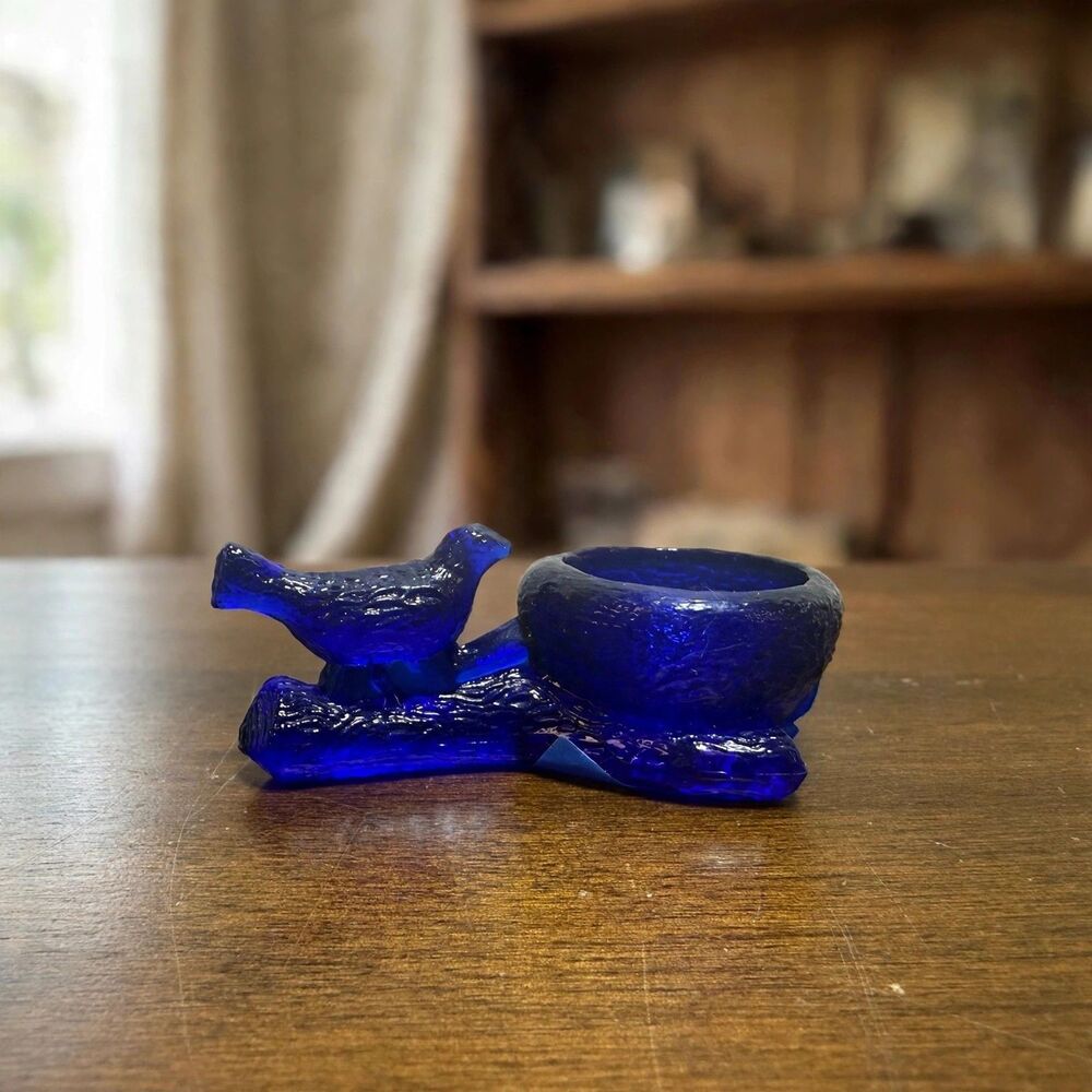 Mosser Cobalt Blue Glass Bird on Branch Nest Open Salt Cellar Vintage